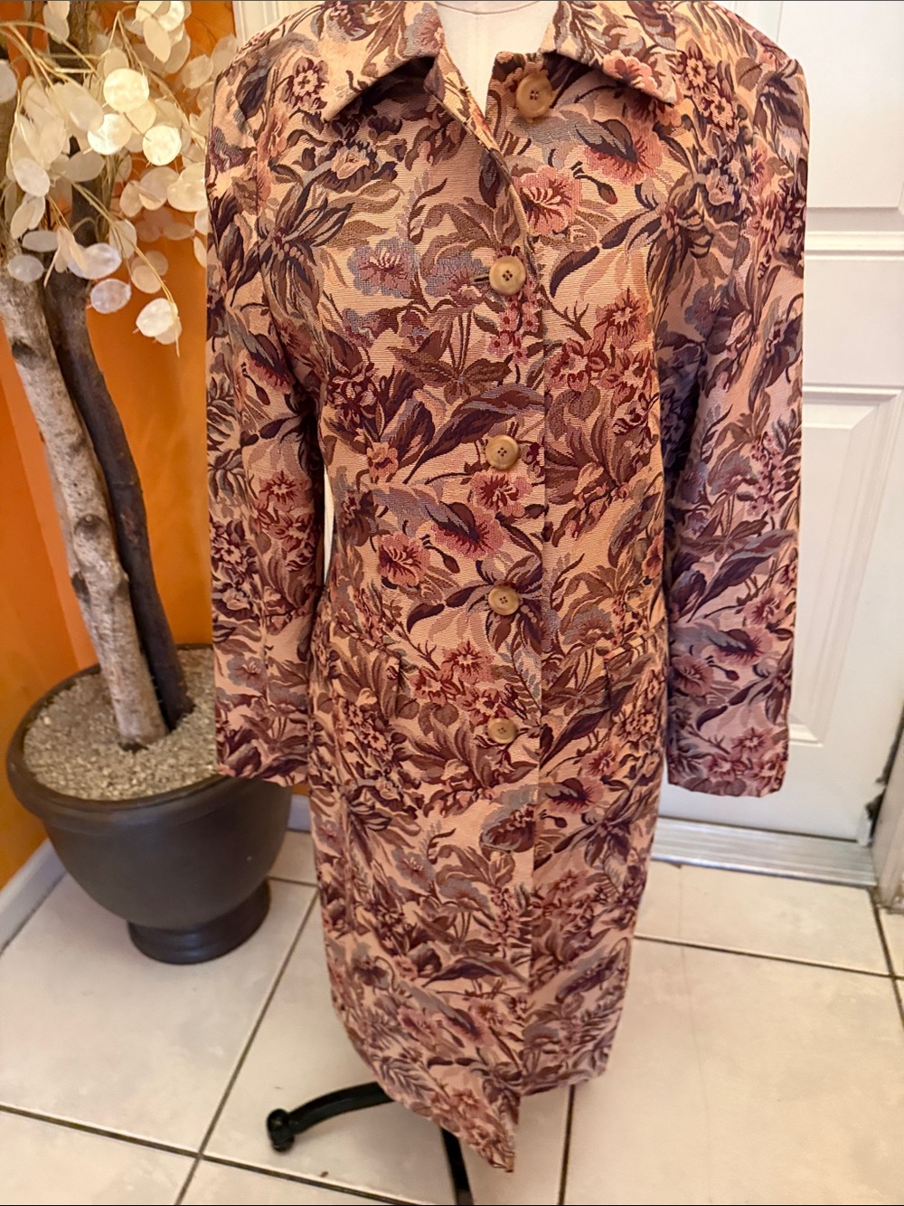 Esprit Floral Button-Front Coat in Brown and Pink